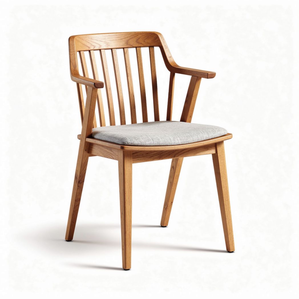 Houten stoel met armleuning en stoffering in grijs 45 x 50 x 85cm