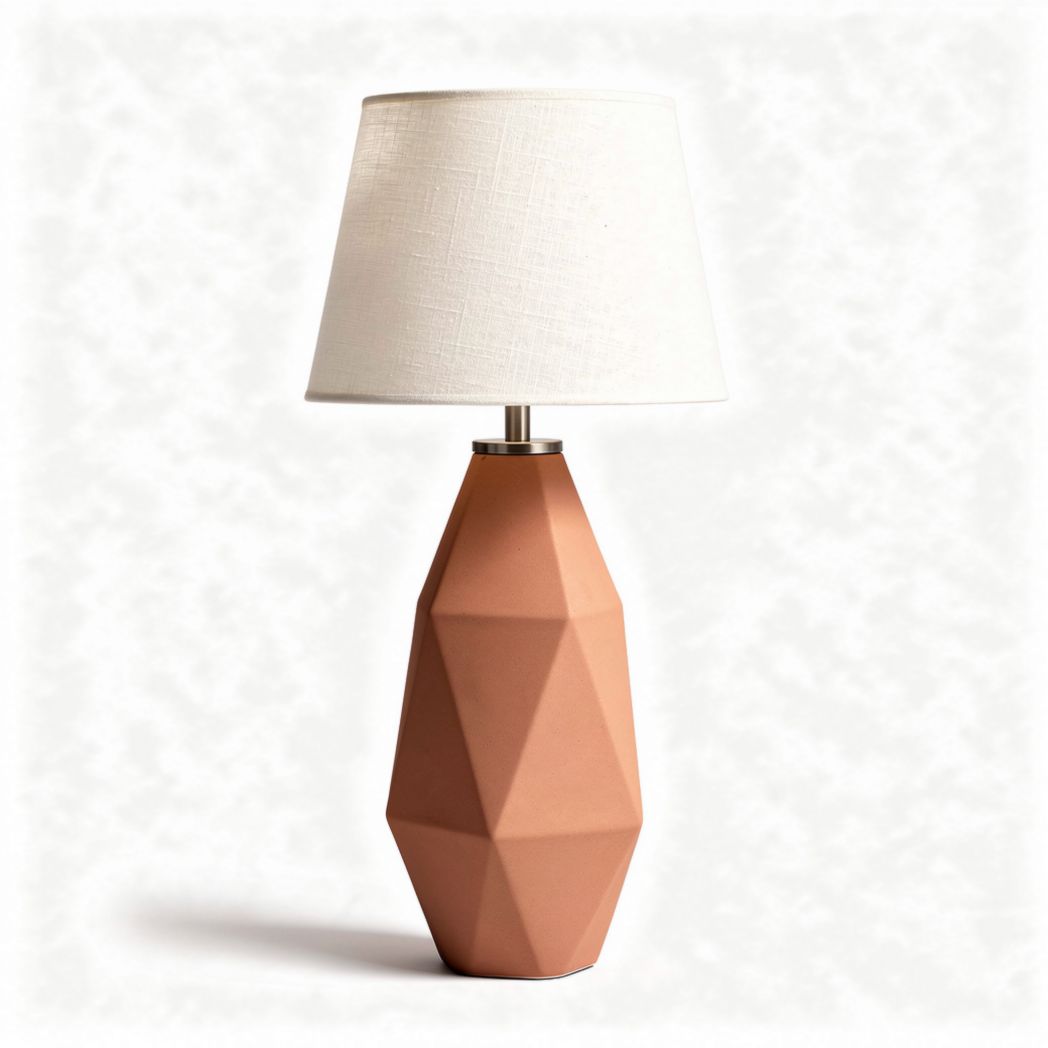 Tafellamp in geometrische vorm van terracotta met linnen kap 15 x 15 x 40cm