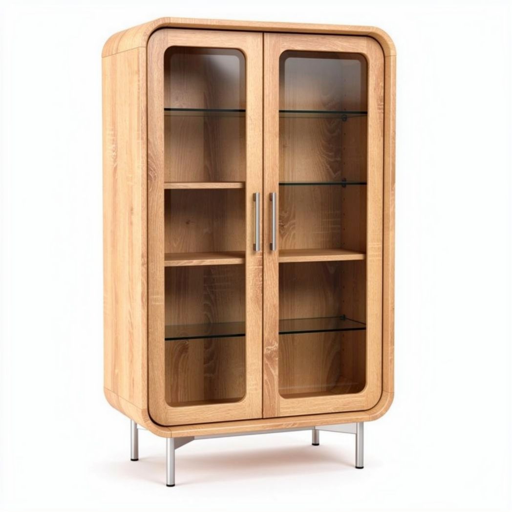 Houten vitrinekast met glazen planken en metalen poten 80 x 40 x 120cm