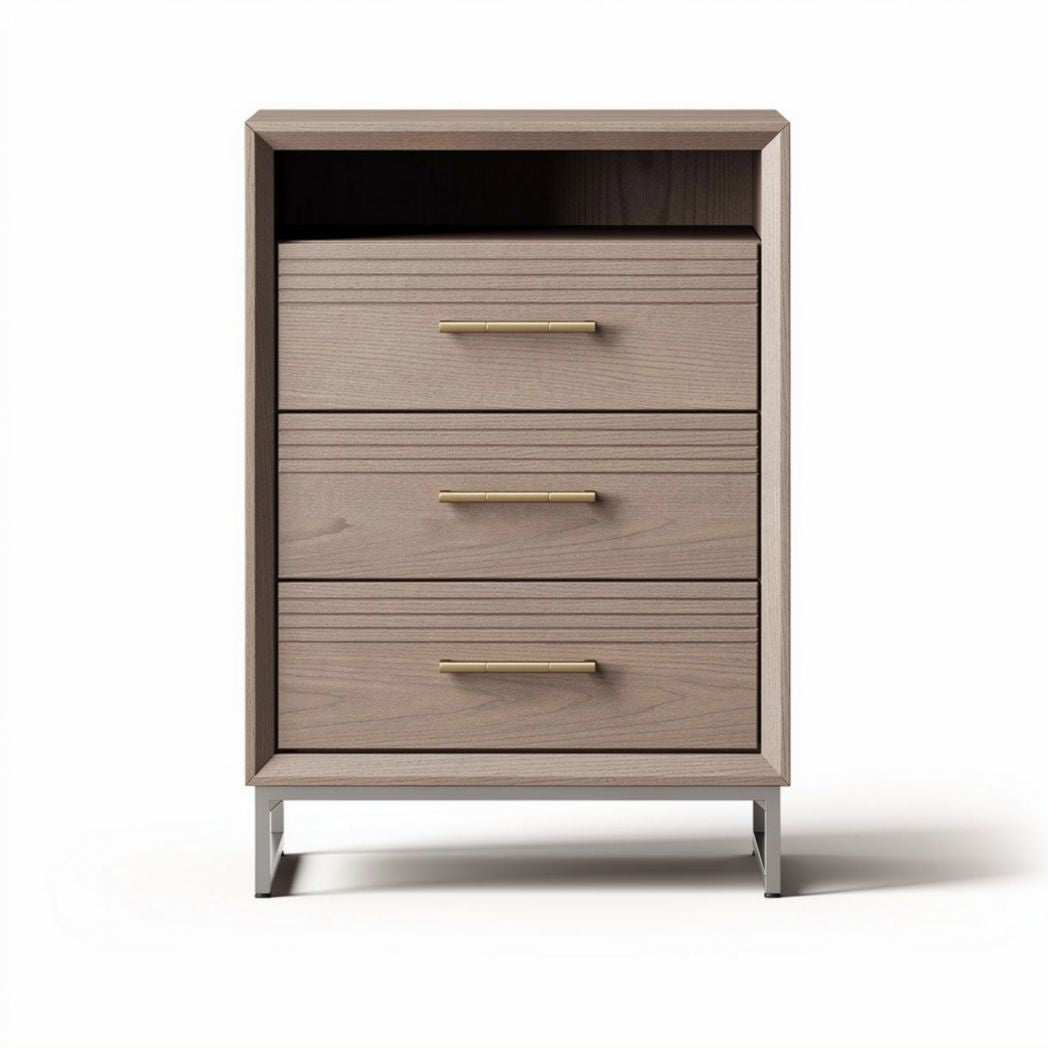 Houten nachtkastje met drie lades en moderne metalen poten 60 x 40 x 80cm