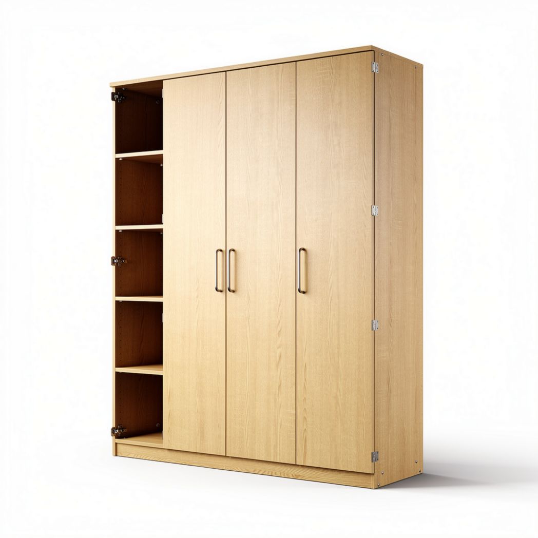 Opberkast van spaanplaat met 3 deuren en 6 planken 180 x 100 x 50cm in houtkleur