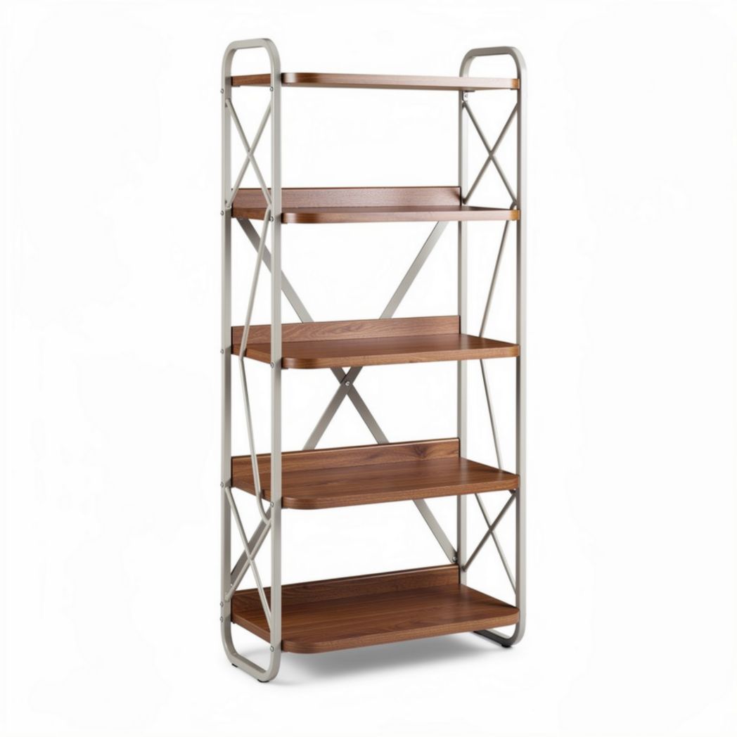 open houten boekenplank met metalen frame 180 x 80 x 40cm bruin en zilver