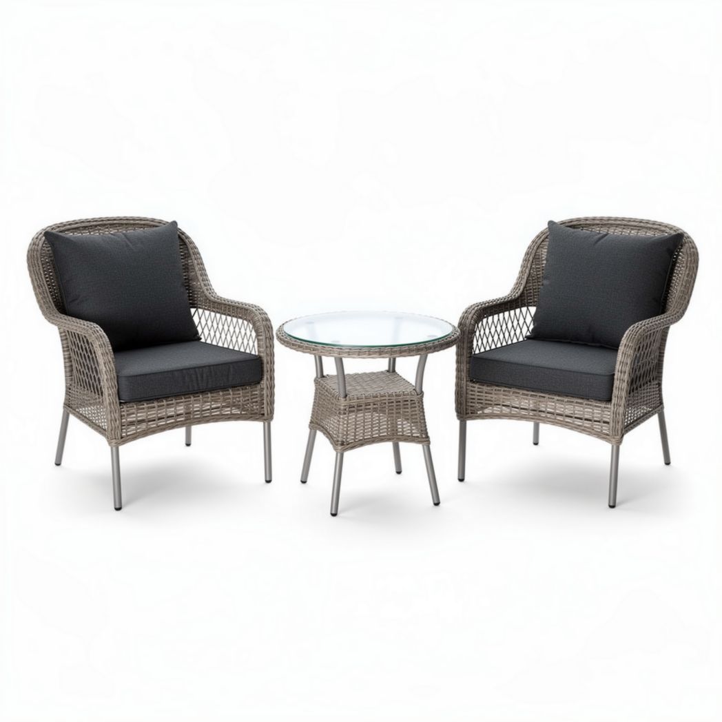 Tuinset met twee fauteuils en tafel van kunststof vlechtwerk grijs 90 x 90 x 75cm